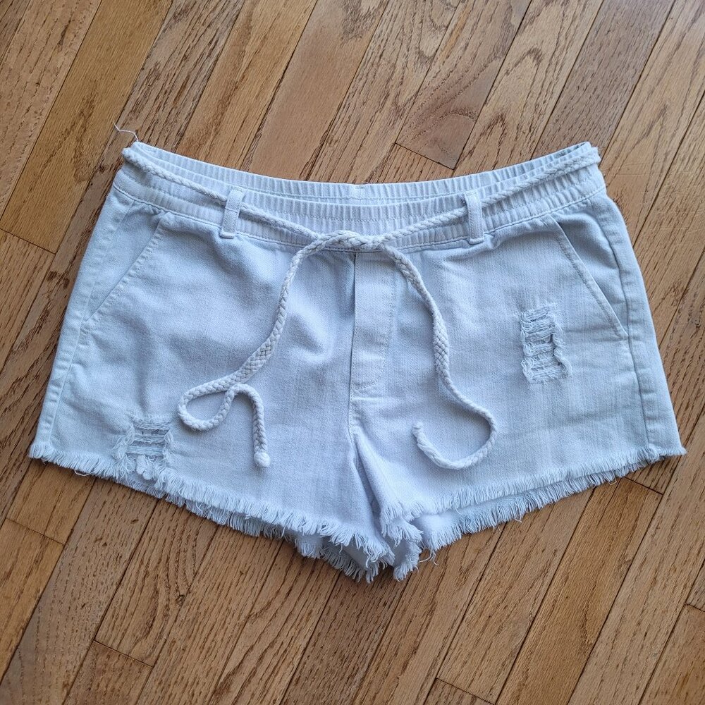 Aerie Blue Distressed Fringe Hem Mid-Rise Pockets Belted Denim Shorts Sz M